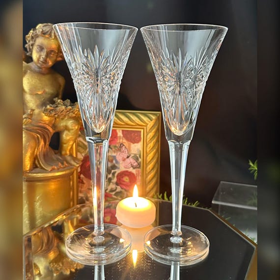 Waterford Health Champagne Flutes / Health Signed Master Cutter Champagne Glasses / Signed Eugene Young Waterford Toasting Crystal Flutes
