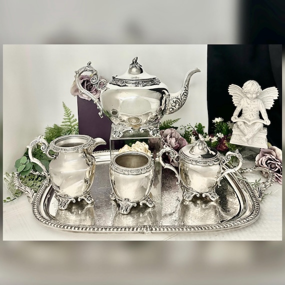 Antique Sheffield Silver Plate Tea Set w Tray 5 Pc Silverplate on Copper England