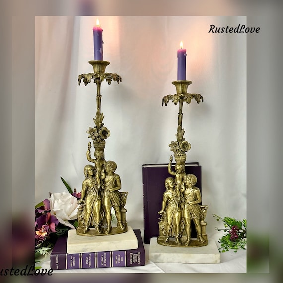 Antique Victorian Girandole Candlesticks / Marble & Brass Family Figure Girandoles / Victorian Candle Holders / Pair Antique Candlesticks