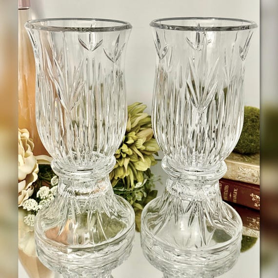 Vintage Crystal Glass Hurricane Candle Holders Pair 10.5 Inch