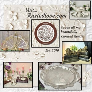 May include: A collage featuring a silver gravy boat, a decorative fan, a QR code with the text Visit Rustedlove.com, two lion statues on black bases, a silver candelabra with pink candles, and a silver serving tray on a floral background.