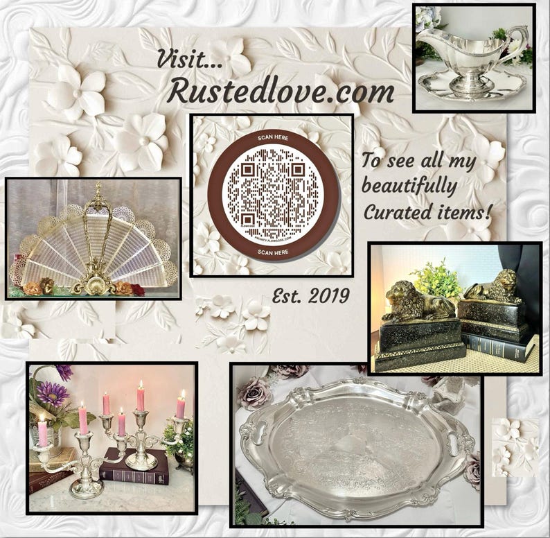 May include: A collage featuring a silver gravy boat, a decorative fan, a QR code with the text Visit Rustedlove.com, two lion statues on black bases, a silver candelabra with pink candles, and a silver serving tray on a floral background.