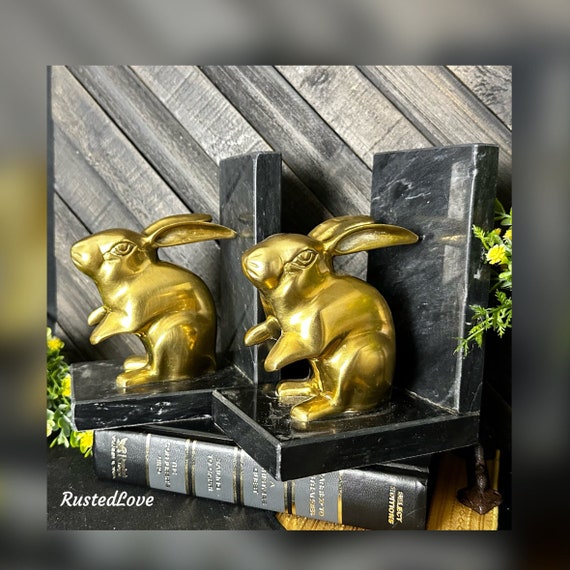 Rabbit Bookends / Vintage Solid Brass and Marble / Bunny Rabbit Paperweights / Office Decor / MCM / Gold shelf Bookends / Collectible