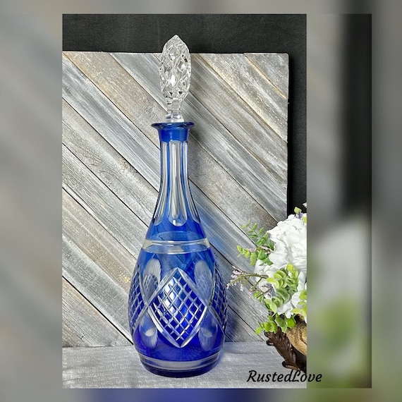 Vintage Cobalt Bohemian Decanter / Cut to Clear Cobalt Blue Decanter / Bohemia Cobalt Decanter / Vintage Blue Barware Crystal Decanter