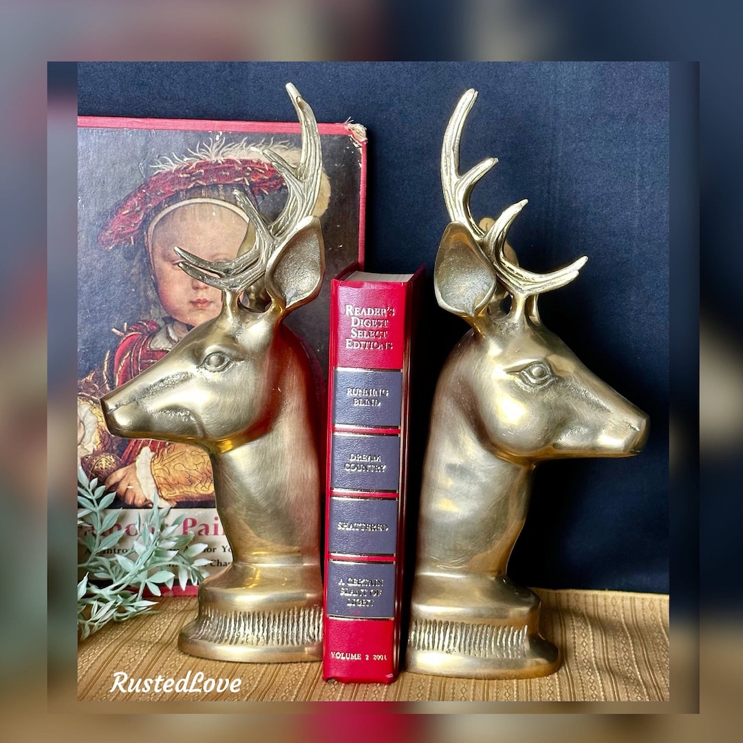 Brass Elk Bookends / Mid Century Modern / Vintage Deer / Gold Book End /  Office Paperweight / Stag Home and Decor / Collectible Gift for Him 