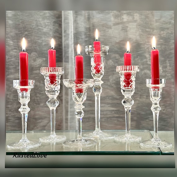 Crystal Candle Holders Set / Glass Candlesticks Mixed Styles /  Wedding Holiday Clear Candlesticks / 6 Centerpiece Dinner Candle Holders