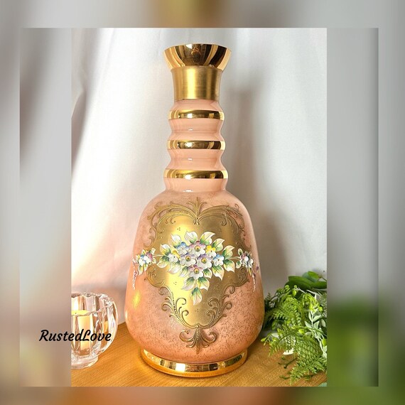 Vintage Bohemian Vase / Czech Bohemian Hand Painted Glass Vase / Peach Glass Vase With 24 Karat Gold Accents / Czech Bohemian Vintage Vase