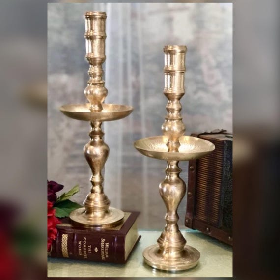 Vintage Solid Brass Engraved Candlesticks Pair Tall Floral Candle Holders
