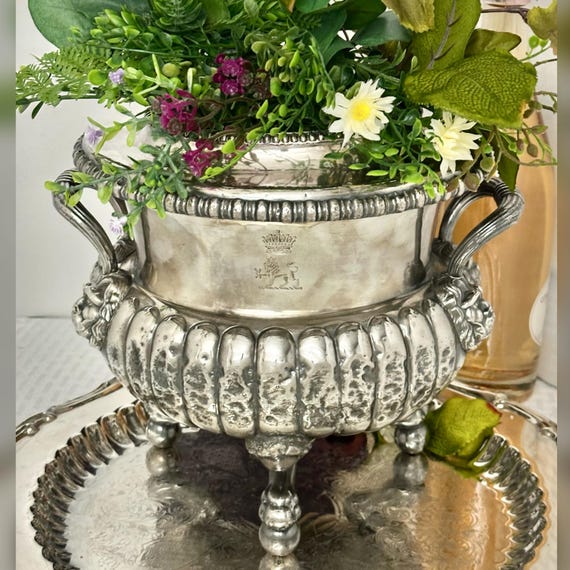 Antique Silver Plated Champagne Bucket / Silver Plated Antique Wine Cooler / Lion Handled &  Paw Feet Urn / Silver Antique Centerpiece Vase