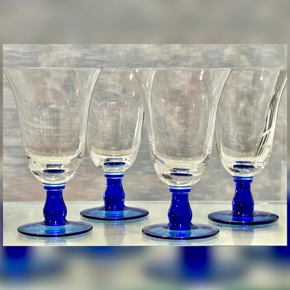 Royal Blue Stem Water Goblets – Set of 4 Blown Glass