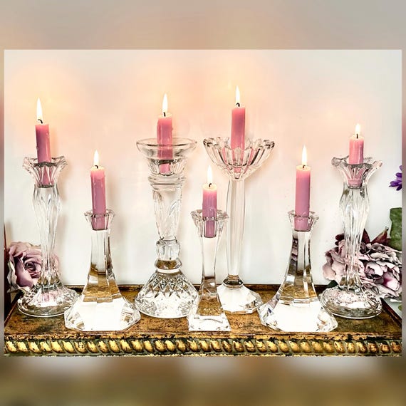 Vintage Crystal Glass Candlesticks Set of 7 Mixed Taper Holders