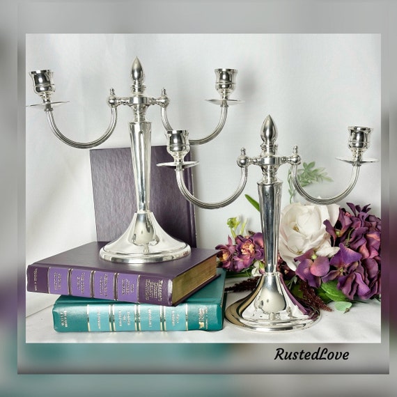 English Silver Plated Candelabras /  Art Deco Silverplated Candle Holders / Pair Vintage Candelabras / Silverplated English Candle Hollders