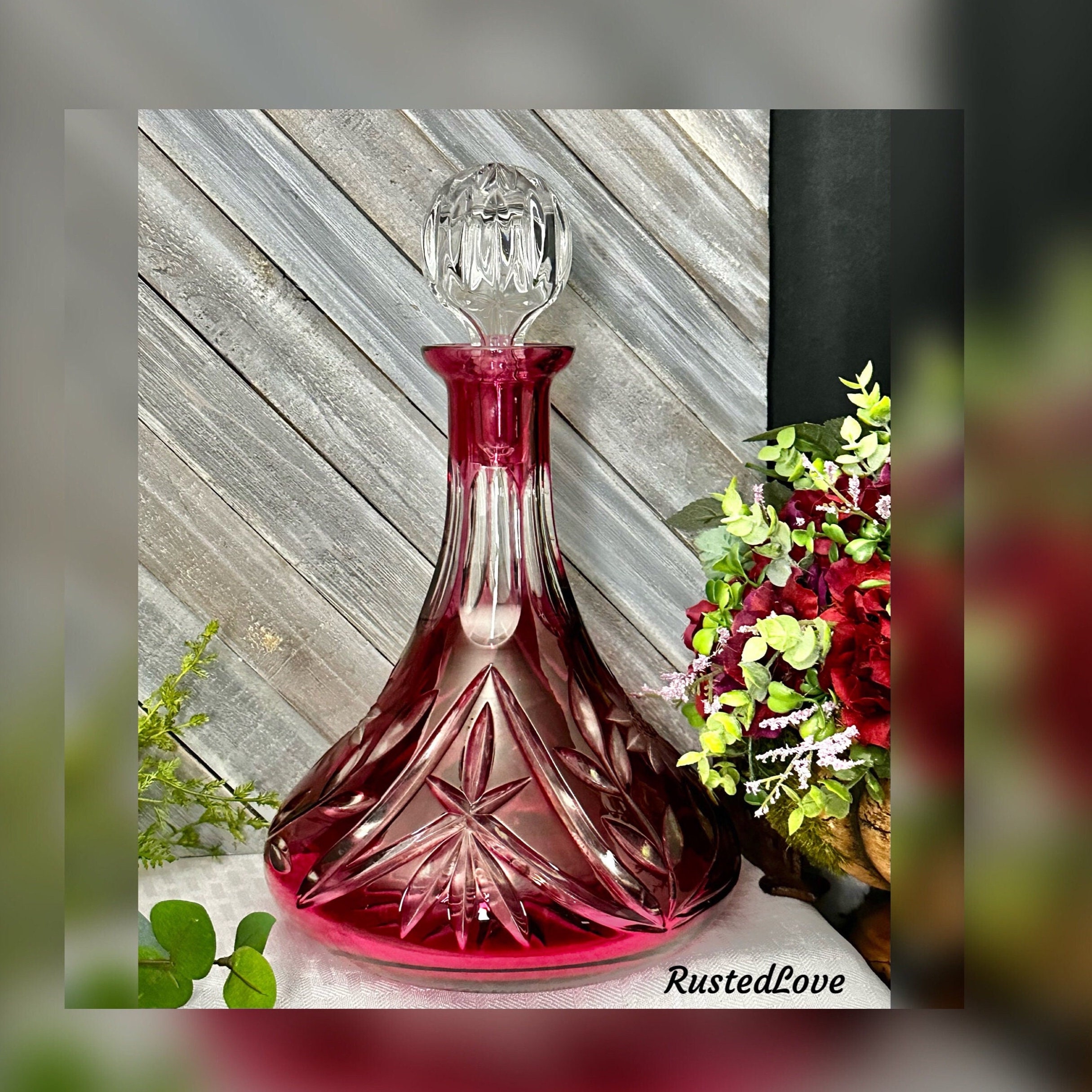 Vintage Ruby Red Flash Bamboo Decanter Set