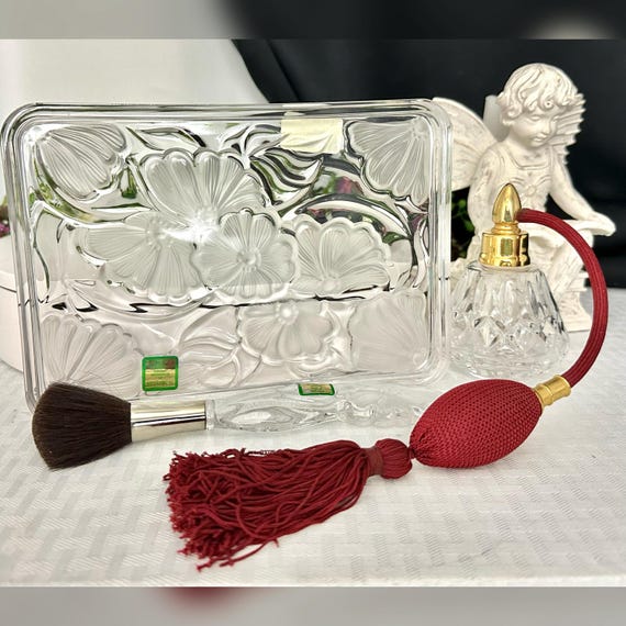 Vintage Waterford Vanity Set /  Waterford Crystal Lismore Perfume Bottle / Waterford Marquis Floral Tray and Brush / Lismore Perfume Bottle