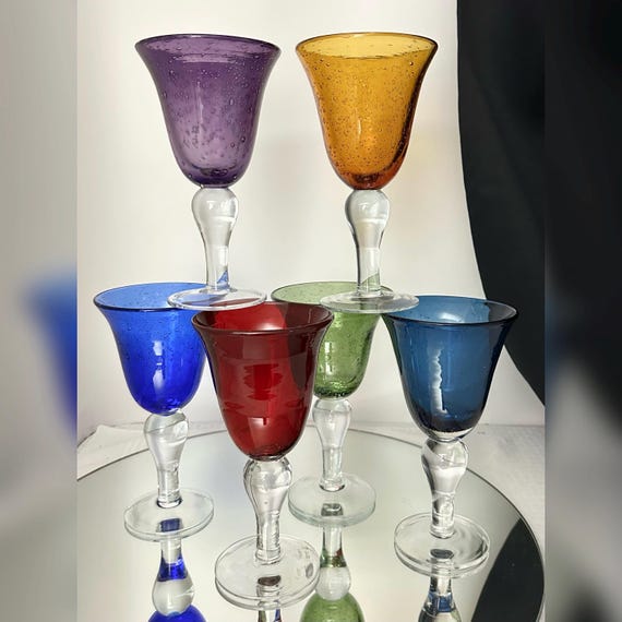 Artland Iris Bubble Water Glasses / Mixed Colored Artland Iris Water Glasses / 6 Mixed Color Bubble Artland Glasses / Artland Bubble Glasses