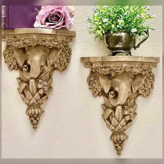 Elephant Wall Sconces Pair Candle Holders Decorative Shelves Gold Brown