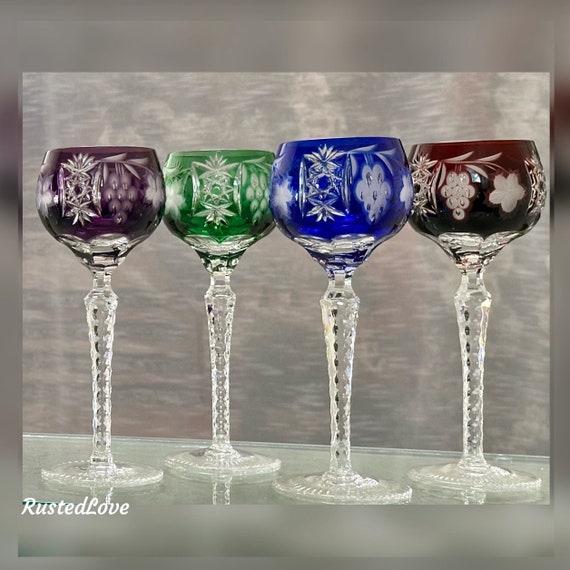 Bohemian Hock Wine Colored Glasses / Cut to Clear Royal Blue, Ruby Red, Green and Amethyst Wine Glasses / Vintage Colored Wine Glasses - 4