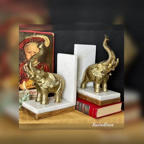 Elephant bookends / Vintage Solid Brass / Trunks Up / Elephant Paperweights / Office Decor / MCM / Gold Elephant Bookends / Collectible