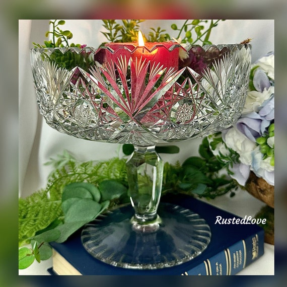 Vintage Cut Crystal Pedestal Bowl /Large Centerpiece Lead Crystal Footed Vase / Crystal Footed Centerpiece Bowl / Crystal Centerpiece Bowl