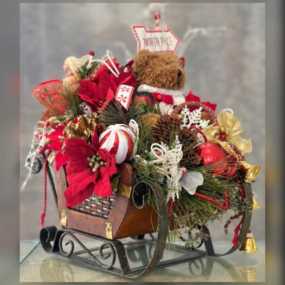 Handmade Christmas Sleigh Floral Arrangement Bear Pine Holiday Centerpiece