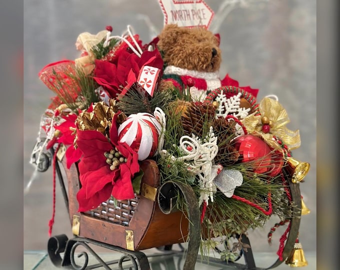 Handmade Christmas Sleigh Floral Arrangement Bear Pine Holiday Centerpiece