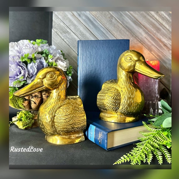 Brass Duck Head Book Ends / Brass Duck Paperweights / MCM Nautical