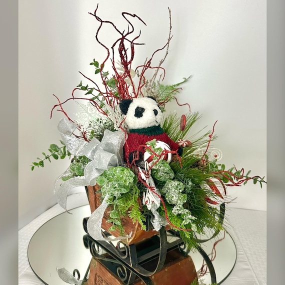 Christmas Holiday Centerpiece / Holiday Bear Sleigh Tabletop Decoration / Hand Crafted XMAS Floral / Christmas Sleigh Artificial Decoration