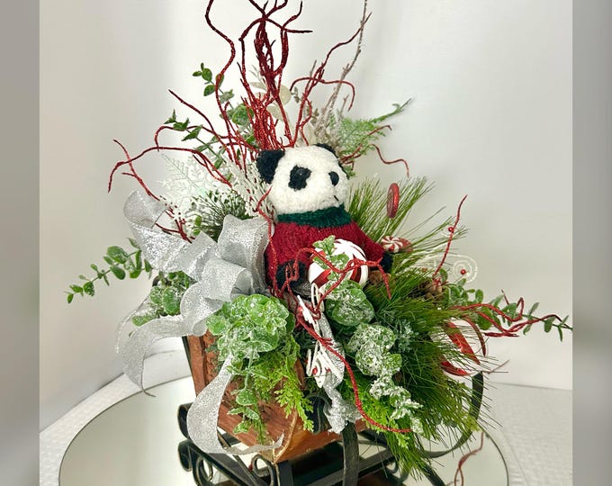Handmade Christmas Sleigh Floral Arrangement Bear Pine Holiday Centerpiece