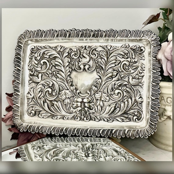 Antique Edwardian Sterling Silver Repousse Tray Birmingham Hallmarked 1905
