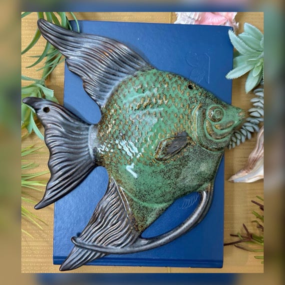 Vintage Ceramic Angelfish Wall Hanging Hand Painted Beach Coastal Decor