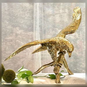 Large Vintage Brass Eagle Statue  /American Bald Eagle Sculpture / Solid Brass Bird on Branch / 26&quot; Tall 34&quot; Wingspan / Rustic Lodge Decor