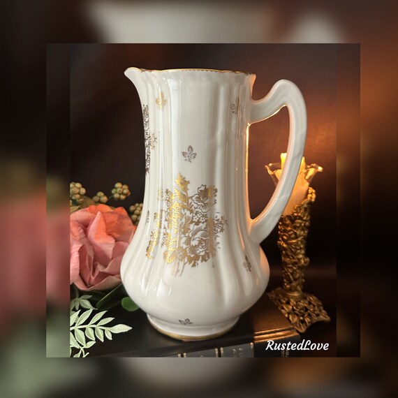 Vintage Porcelain Pitcher / Gold Accented Pitcher / Vintage Fonde en 1789 Pitcher / Hand Painted Vase / Vintage Pitcher  Made in France