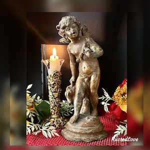 Antique Winged Putti Statue / 19th Century Cherub Figure / Angelic Cast Metal Figurine  / European Putti Statue / Antique Cherub Statue