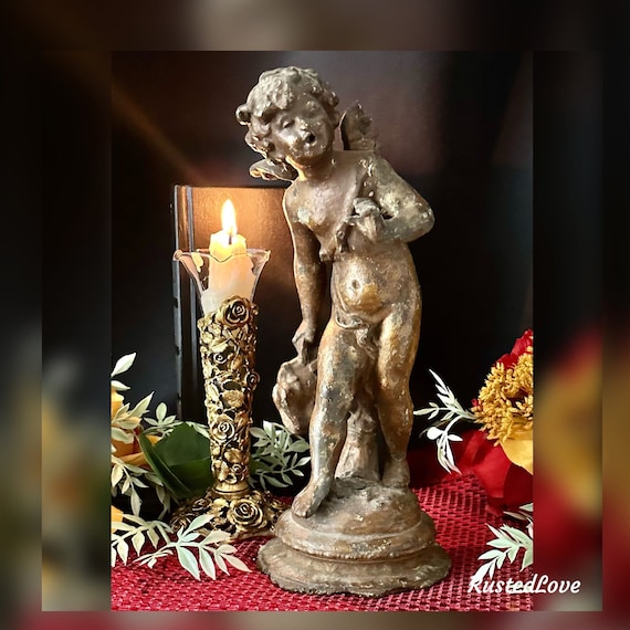 Antique Winged Putti Statue / 19th Century Cherub Figure / Angelic Cast Metal Figurine  / European Putti Statue / Antique Cherub Statue