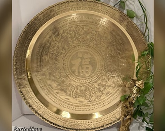 Vintage Brass Tray / Brass Etched Oriental Table Top Tray / Wall Hanging Brass Tray / Vintage Oriental Brass Table Tray / Brass Round Tray