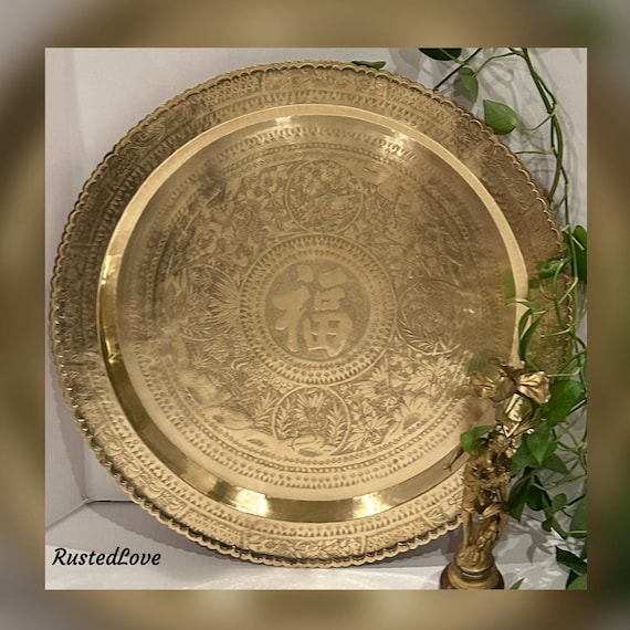 Vintage Brass Tray / Brass Etched Oriental Table Top Tray / Wall Hanging Brass Tray / Vintage Oriental Brass Table Tray / Brass Round Tray