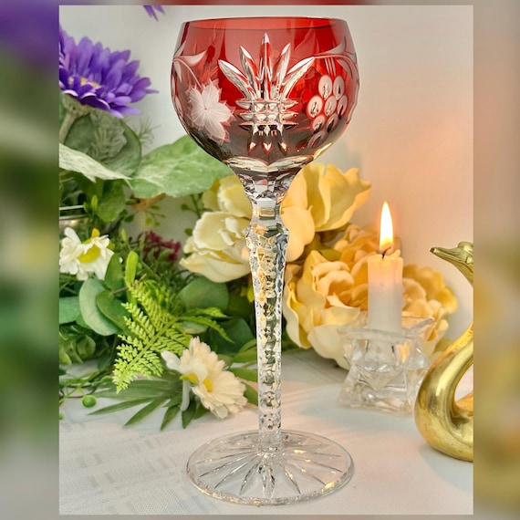 Bohemian Cut to Clear Red Crystal Hock Wine Glass Hungary