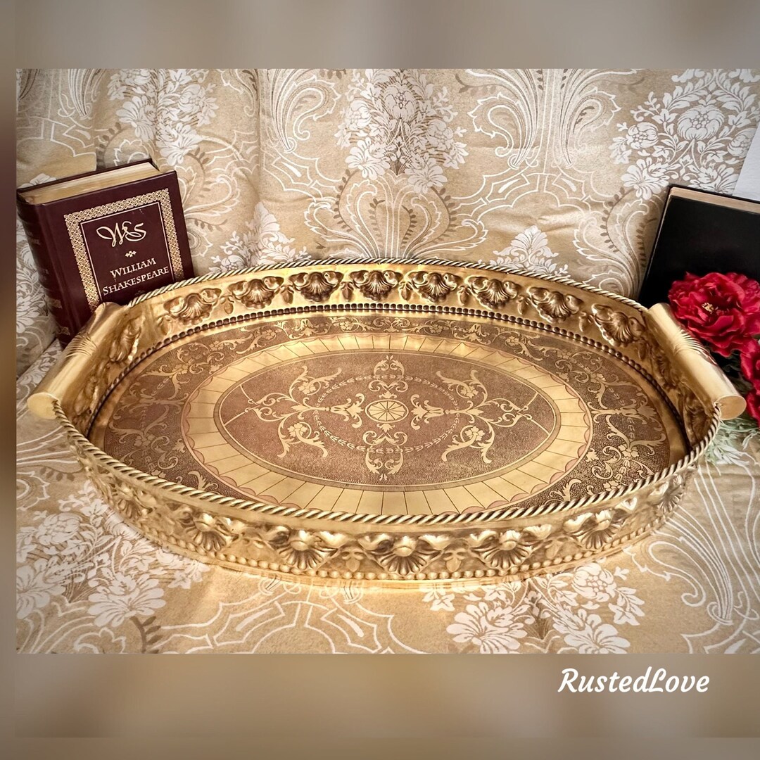 Brass Tray / Castilian Imports Etched Brass Tray / Vintage Solid Brass