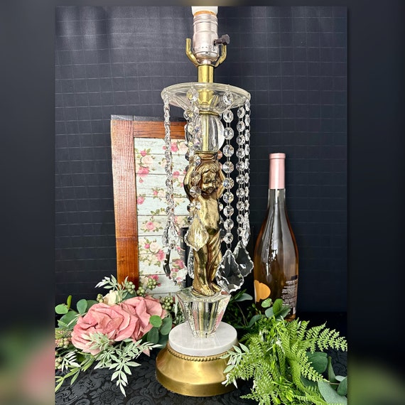 Vintage Cherub Gilt Metal Lamp / Cherub Lamp With Hanging Crystals / Vintage Putti Table Lamp / Cherub Table Lighting / Side Table Lamp