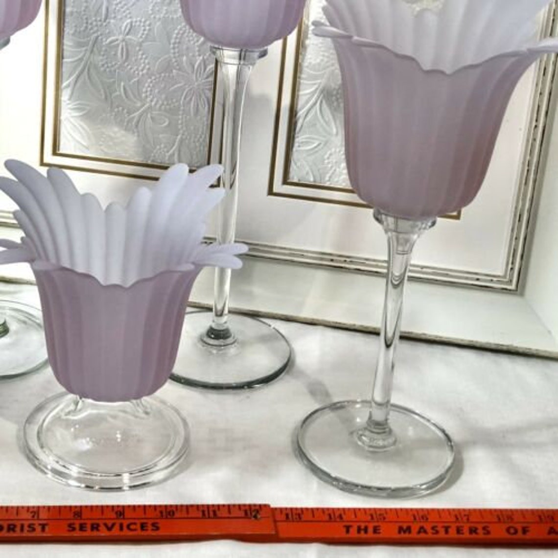 Vintage Pink Frosted Glass Flower Candle Holders/ Lavender Etsy