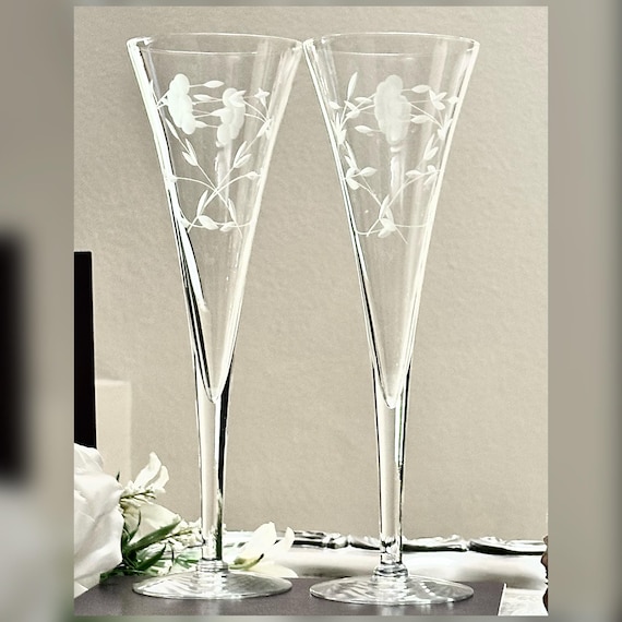 Princess House Heritage Champagne Flutes Pair Floral Etched Glasses