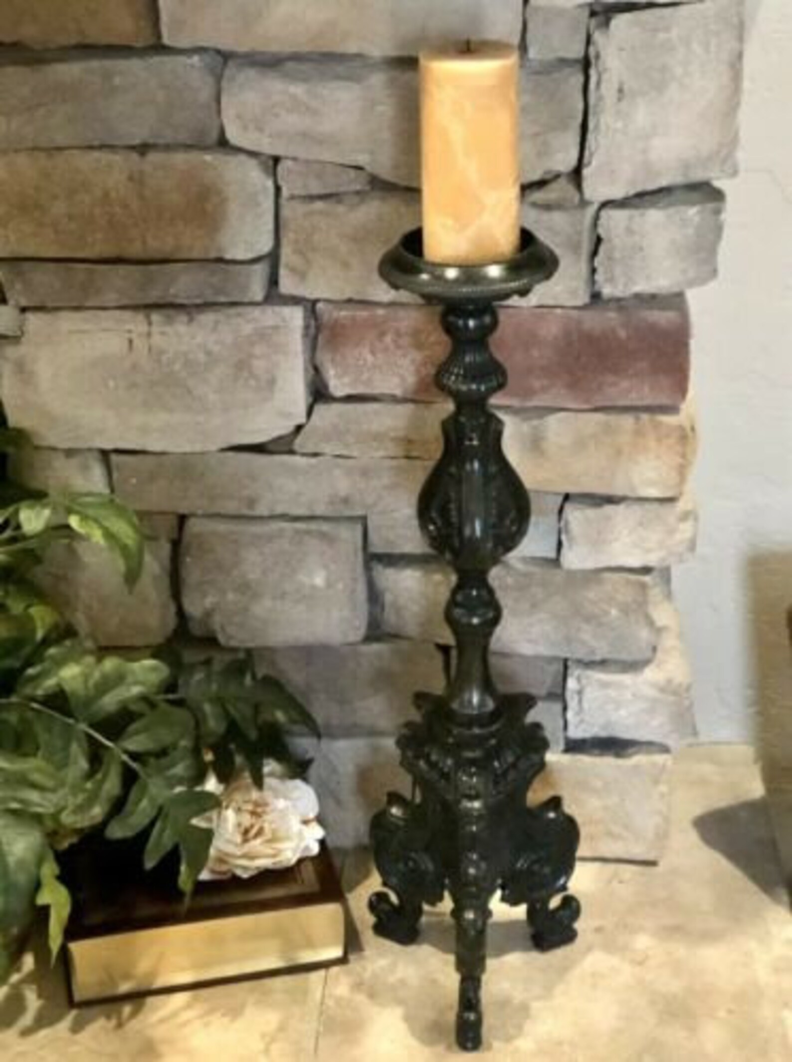 Floor Candle Holder Solid Brass Black Antiqued LG Heavy Hearth Etsy