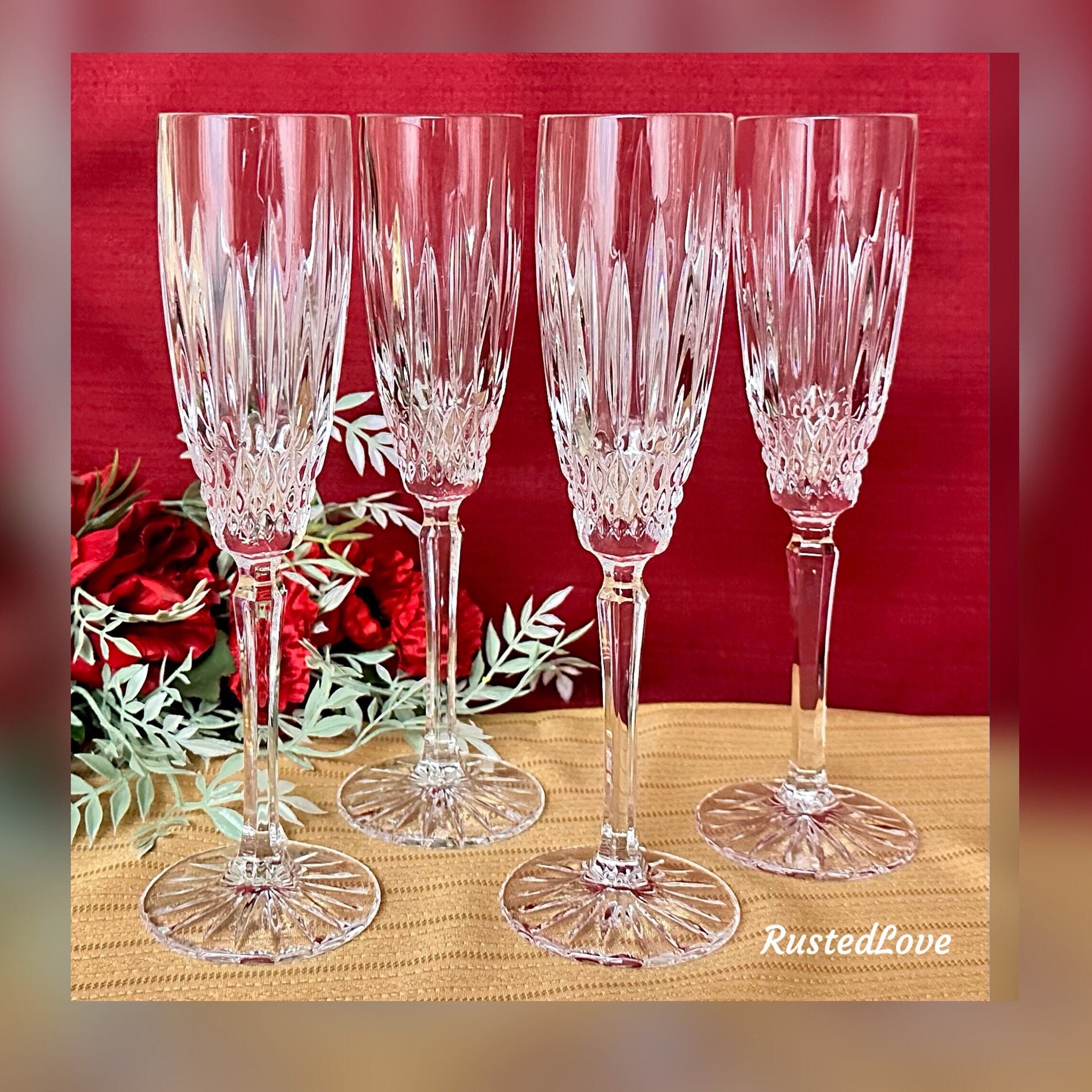 6 Etched Mikasa Stars and Moon Champagne Glasses, Trumpet Shaped Stemware  for Wine Martini's and Champagne, Unique Wedding Toasting Barware 