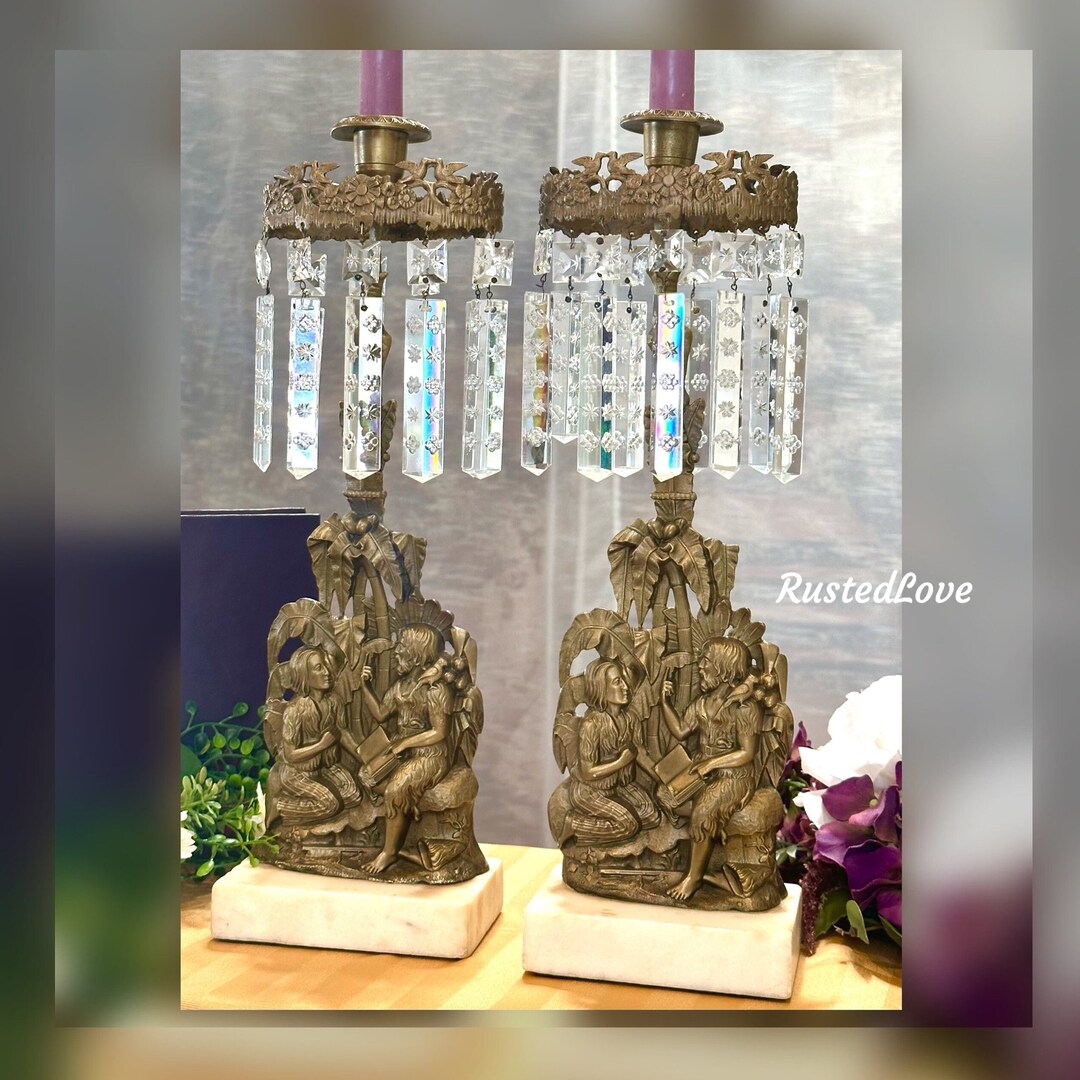 Antique Victorian Girandole Candlesticks / Antique Brass and Marble