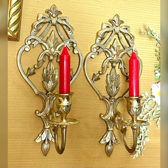 Vintage Brass Victorian Styled Candle Wall Sconces - Ornate Brass Wall Decor - Antique Style Wall Candle Holders - Pair Gold Wall Sconces