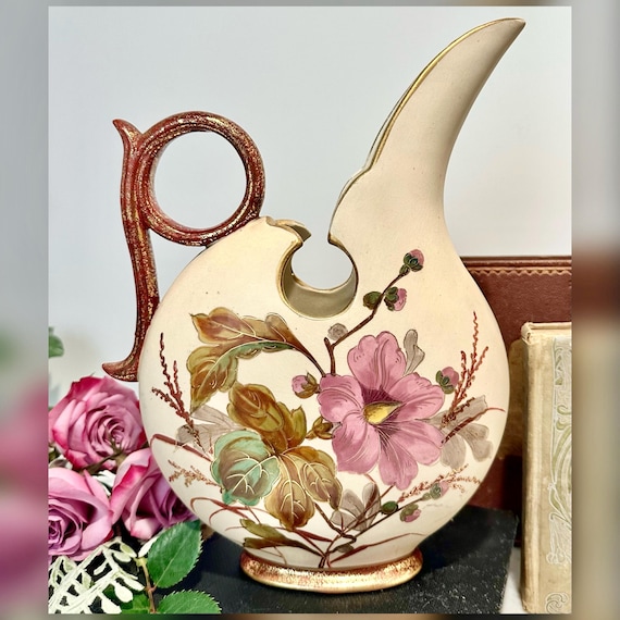 Antique German Ewer Vase Earthenware Floral Hand Painted 10.5"