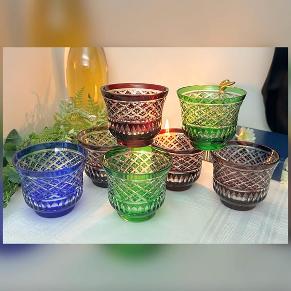 Bohemian Cut to Clear Tumblers / Colored Whisky Fifth Ave Bohemian Styled Tumblers / Made in Poland Colored Glass Tumblers