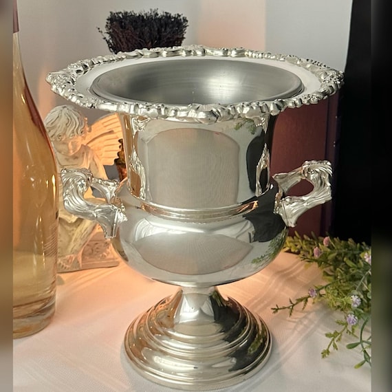 Silver Plated Ice Bucket / Vintage Silver Plated Champagne Bucket / Silverplated Trophy Urn w/ Liner / Silver Plated Centerpiece Vase