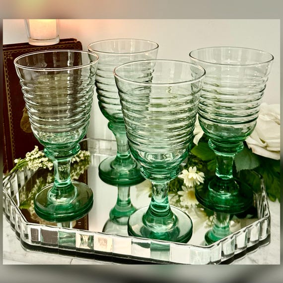 Vintage Libbey Sirrus Green Goblets – Spool Stem Glassware, Set of 4