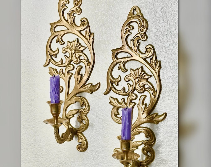 Vintage Brass Wall Sconces Pair Hollywood Regency Candle Holders
